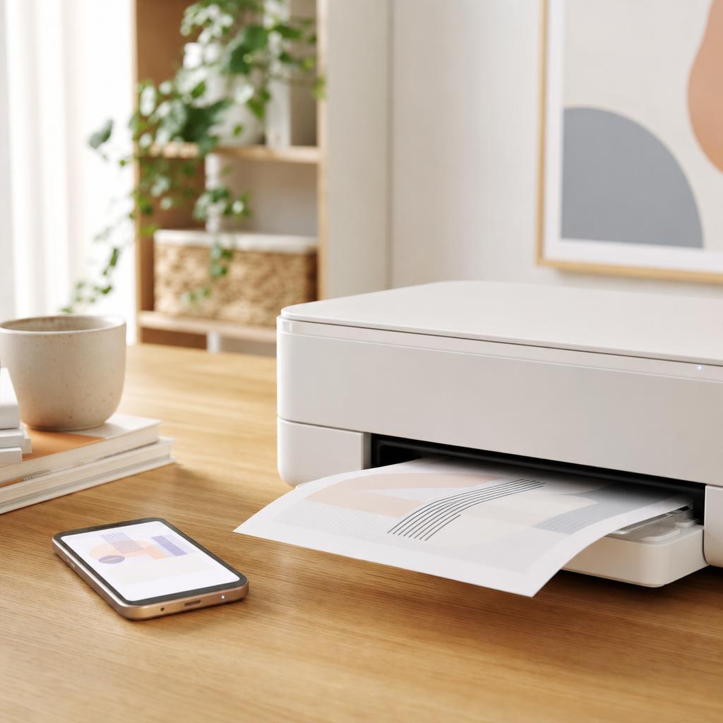 An Android smartphone resting beside a white home printer on a desk, both switched on and ready to connect over Wi-Fi