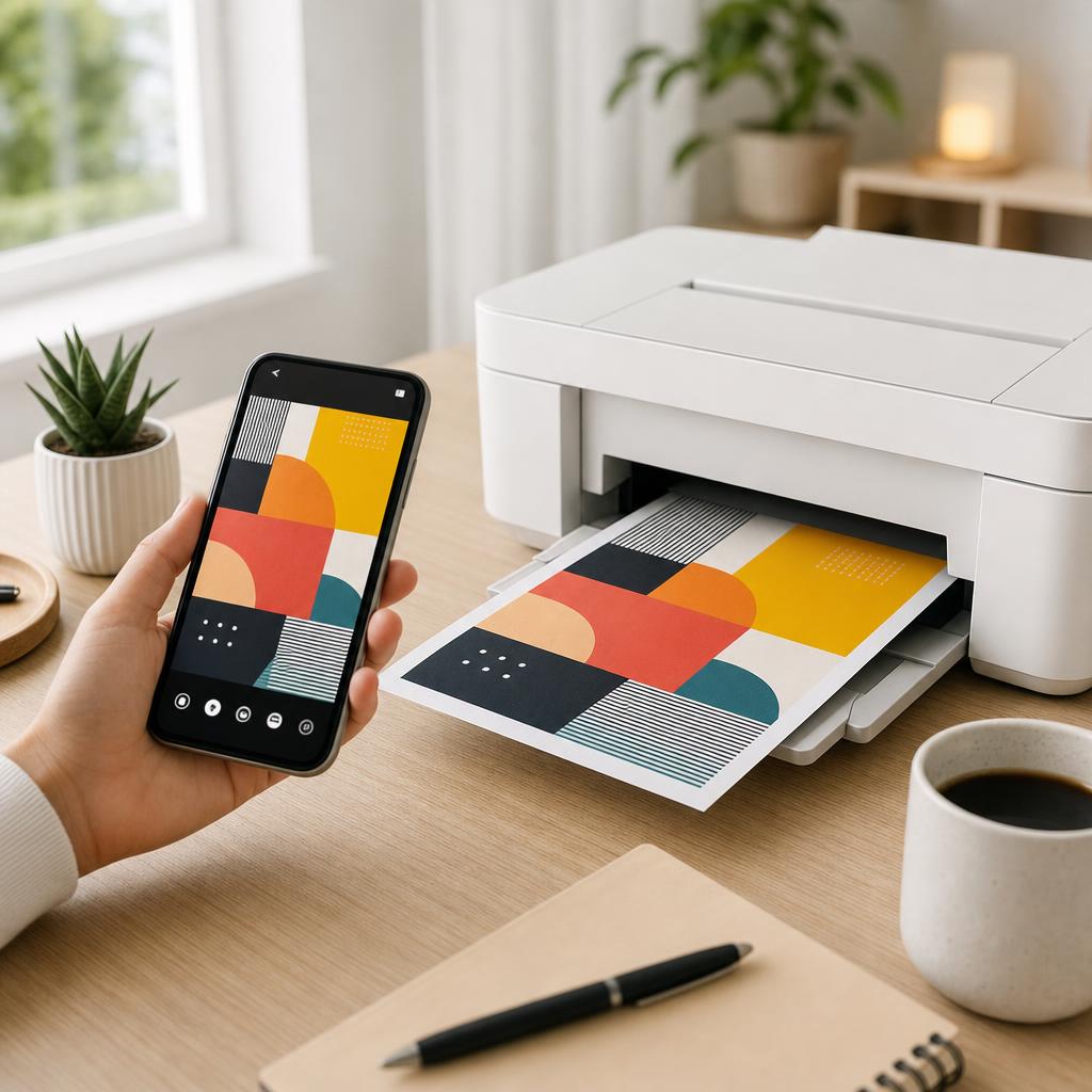 A freshly printed colour photo emerging from a white printer’s output tray, an Android phone showing a “Printed” notification beside it