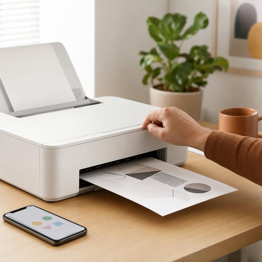 A hand switching a white printer back on beside an Android phone showing a restart screen, on a bright desk