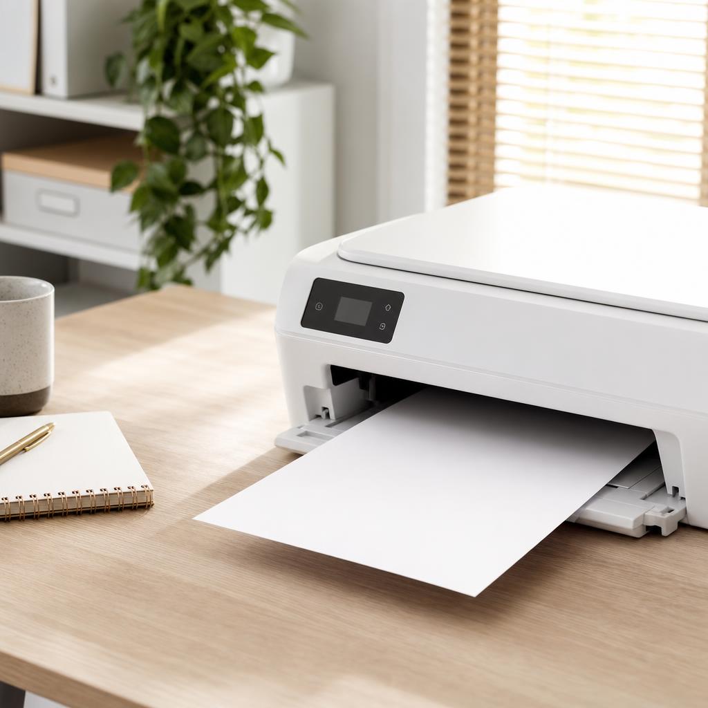 A single sheet of paper lying face-up on a desk, completely blank with no text or images, freshly ejected from a printer