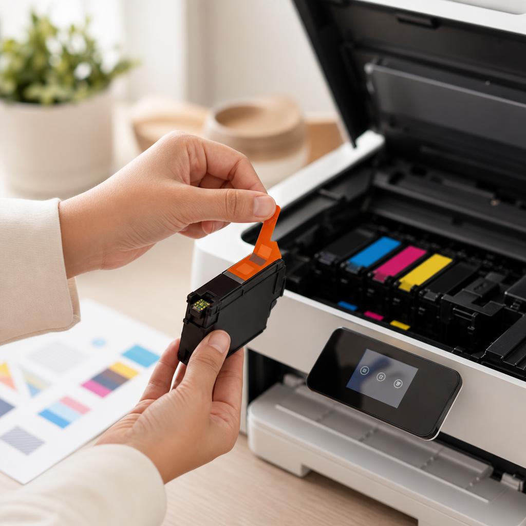 Hands peeling a strip of protective plastic tape and an orange clip away from a new inkjet cartridge over a desk