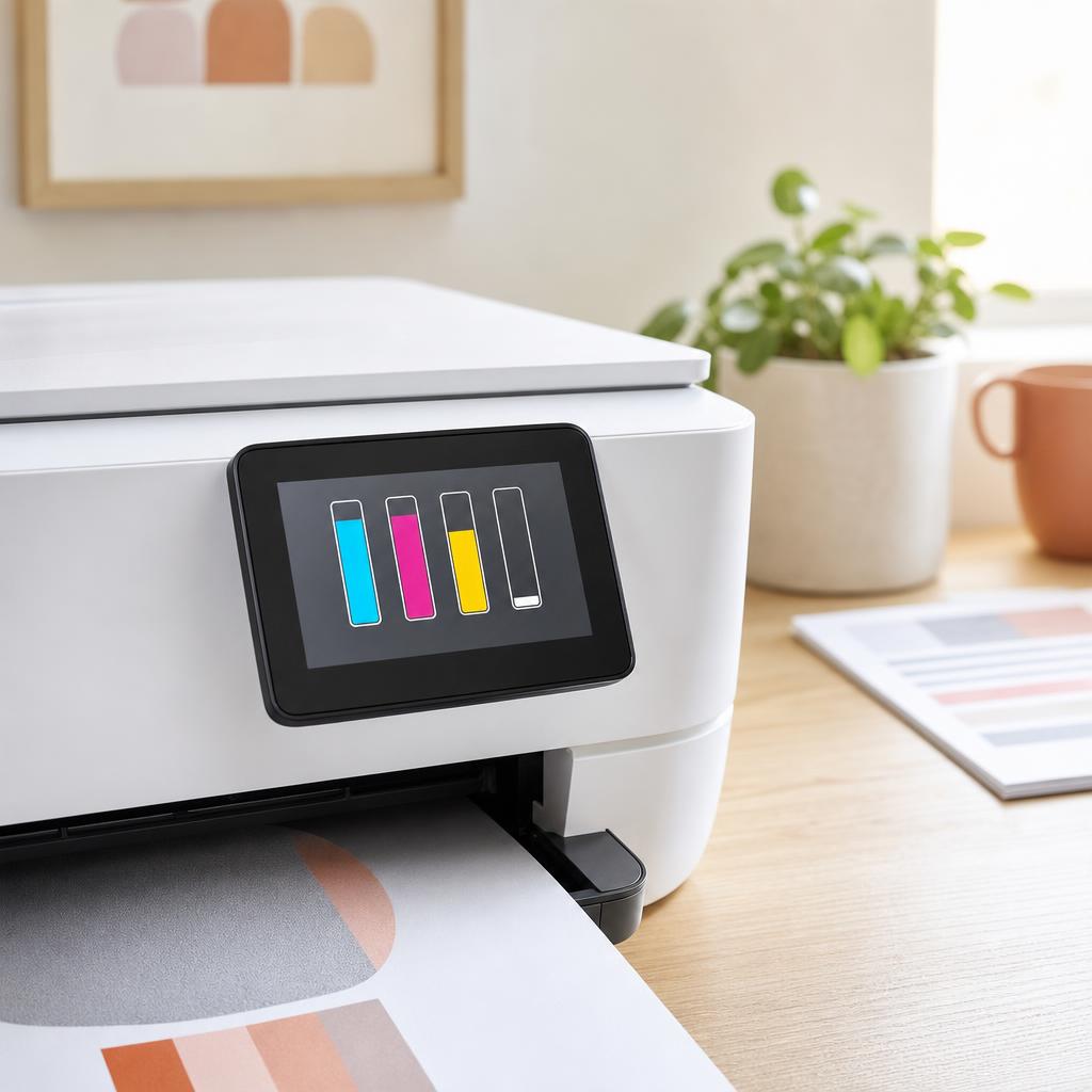 A printer control-panel screen and a laptop both showing an ink-level display with one cartridge nearly empty
