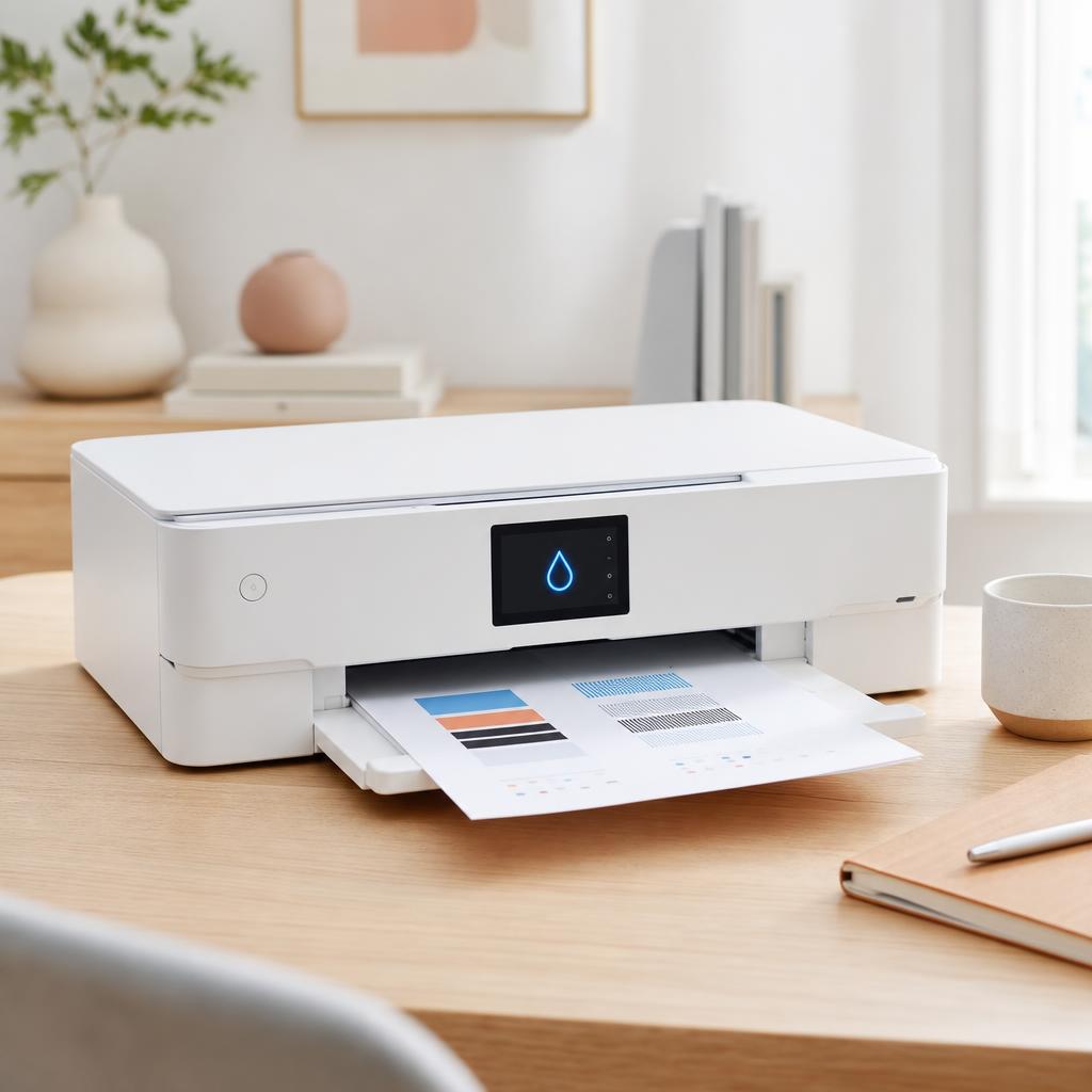 A white inkjet printer running a head-cleaning cycle, its screen showing a droplet cleaning icon, laptop alongside