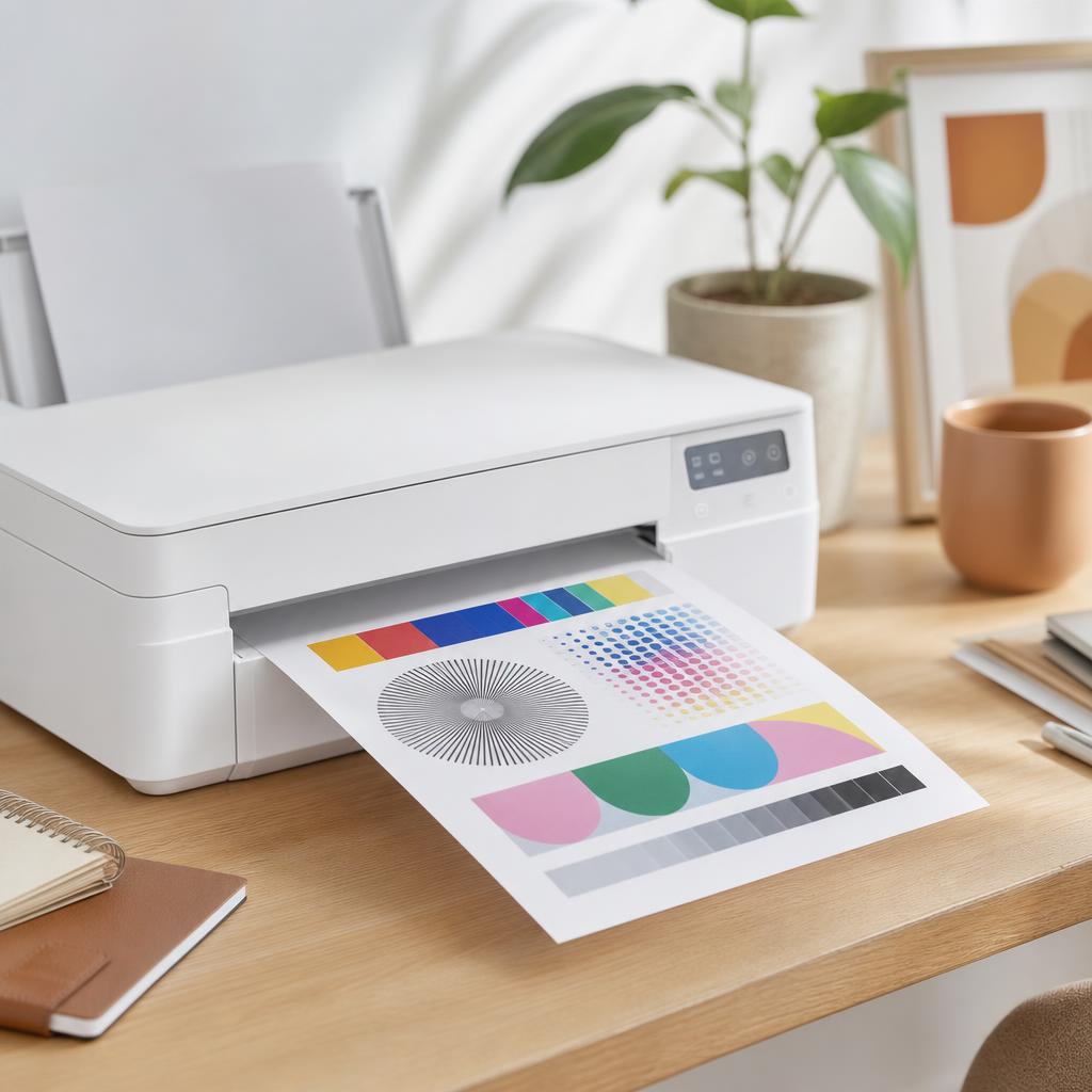 A printer feeding out a completed test page with sharp black text and even colour bars, no blank areas