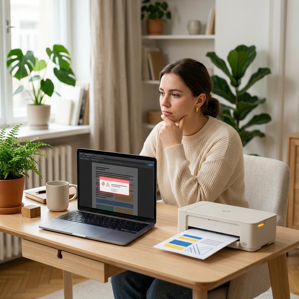 A laptop screen showing a printer with a warning icon in the device list, indicating a driver conflict