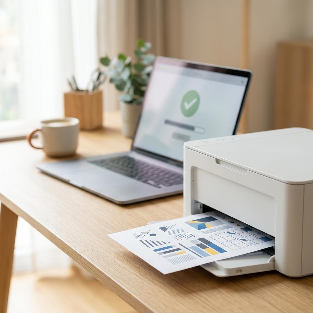 A printed test page coming out of a printer showing successful driver installation confirmation