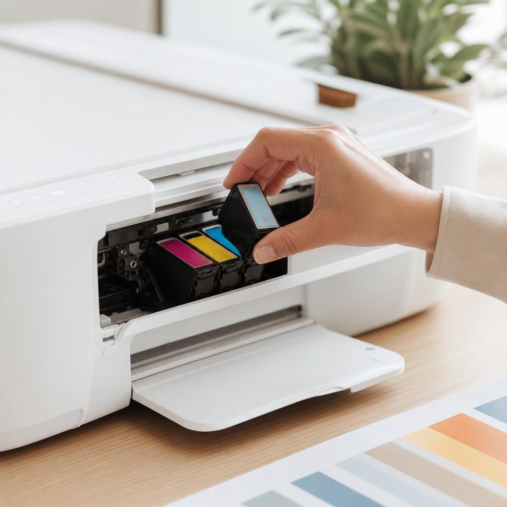 A hand holding an ink cartridge by its plastic body over a sheet of paper, gold contacts and chip visible underneath