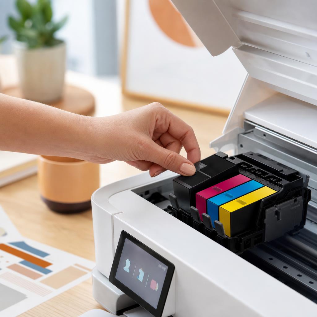 A hand pressing an ink cartridge down into its slot inside an open printer until it clicks into place