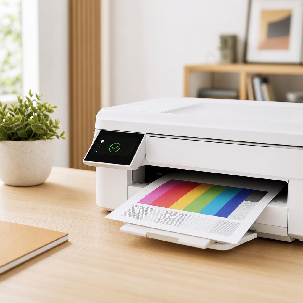A white printer feeding out a freshly printed colour test page, its panel showing a normal ready status