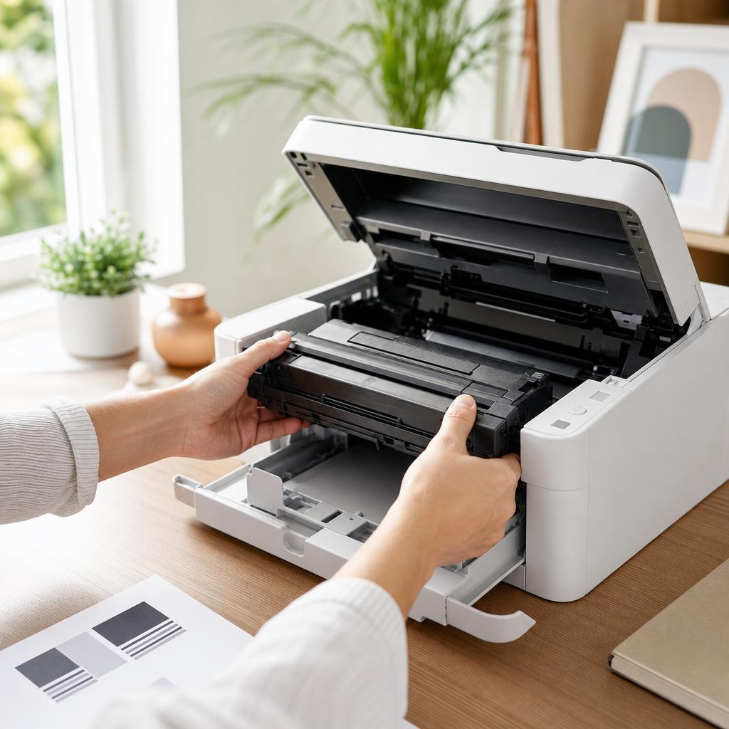 A hand sliding a toner cartridge along the guide rails into an open laser printer, chip window visible on the side