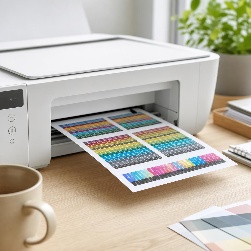 A printer feeding out a colour-calibration sheet covered in neat grids of coloured squares and alignment bars, no text
