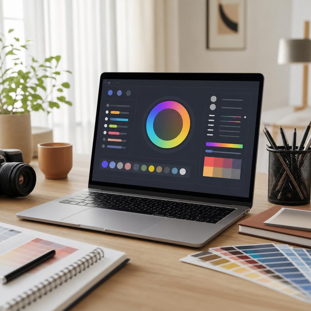 A laptop showing a printer driver’s colour-settings panel with balance and saturation sliders, on a bright desk beside a printer