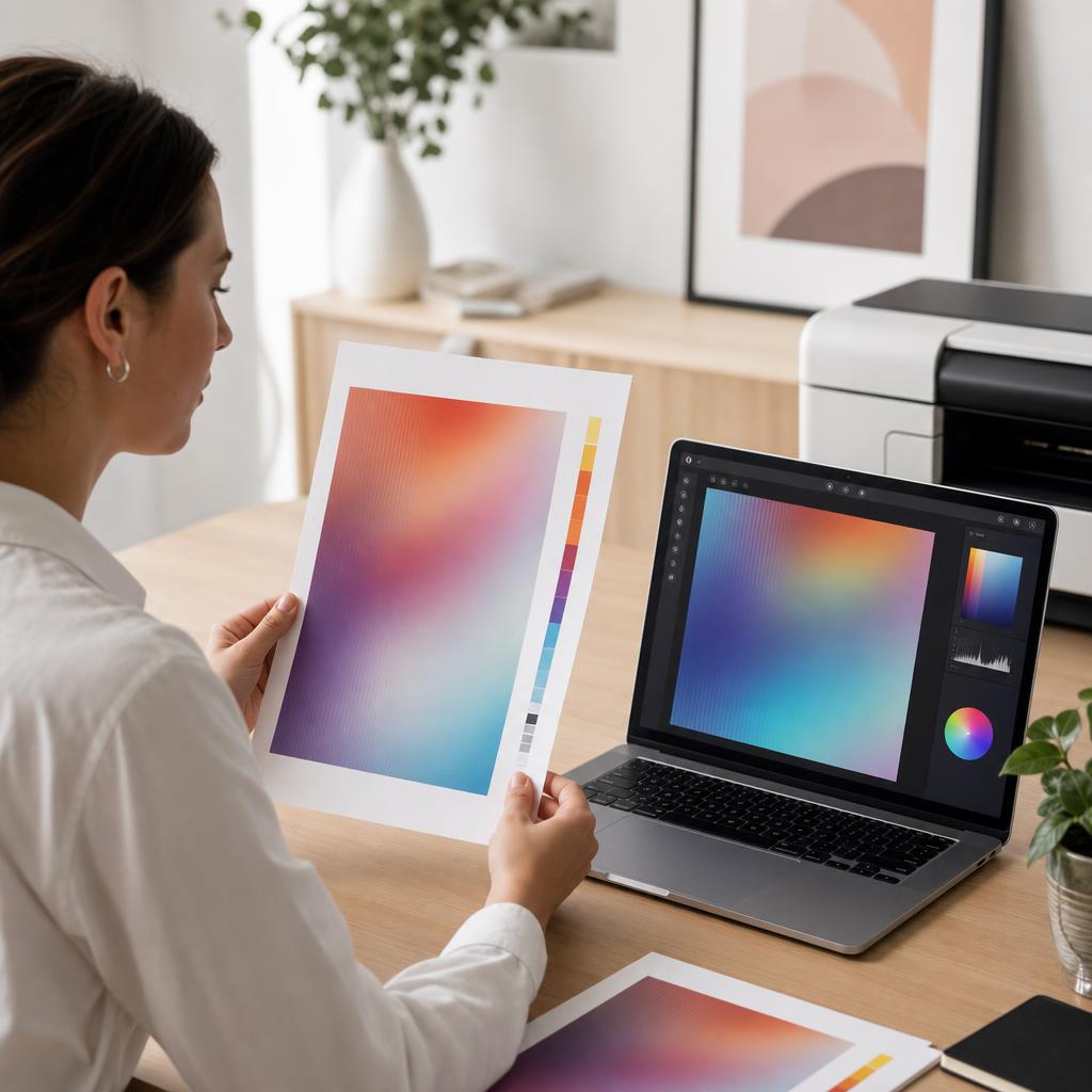 A white home printer feeding out a colourful photo print on a bright desk, with a laptop showing the same image nearby