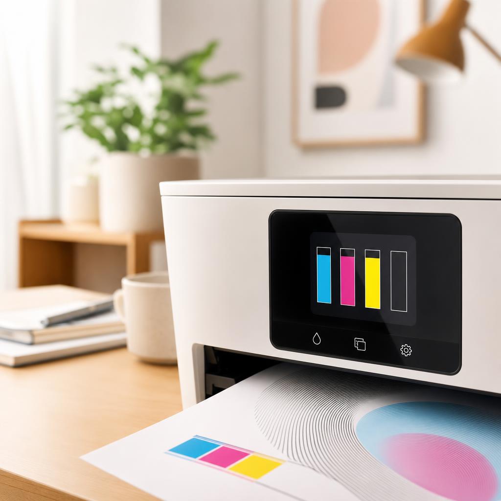 A laptop screen on a bright desk showing a printer’s ink-level display with four coloured level bars, printer beside it