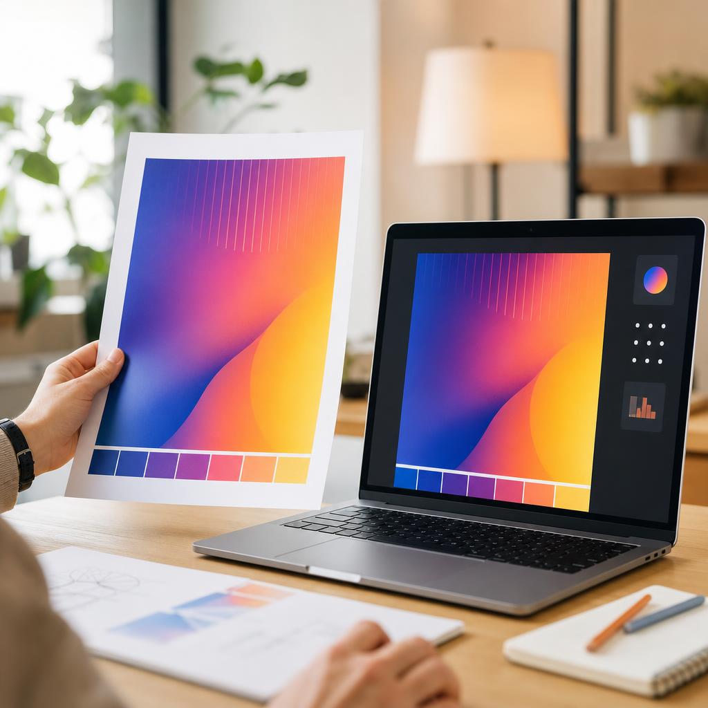 A freshly printed colour photo lying beside a laptop showing the same image, the two looking closely matched on a bright desk