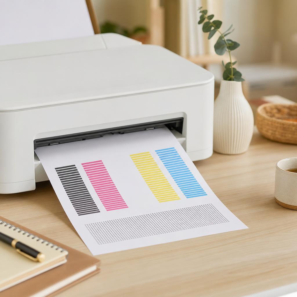 A nozzle-check test sheet held in one hand showing four colour blocks, with the magenta block broken by clear horizontal gaps
