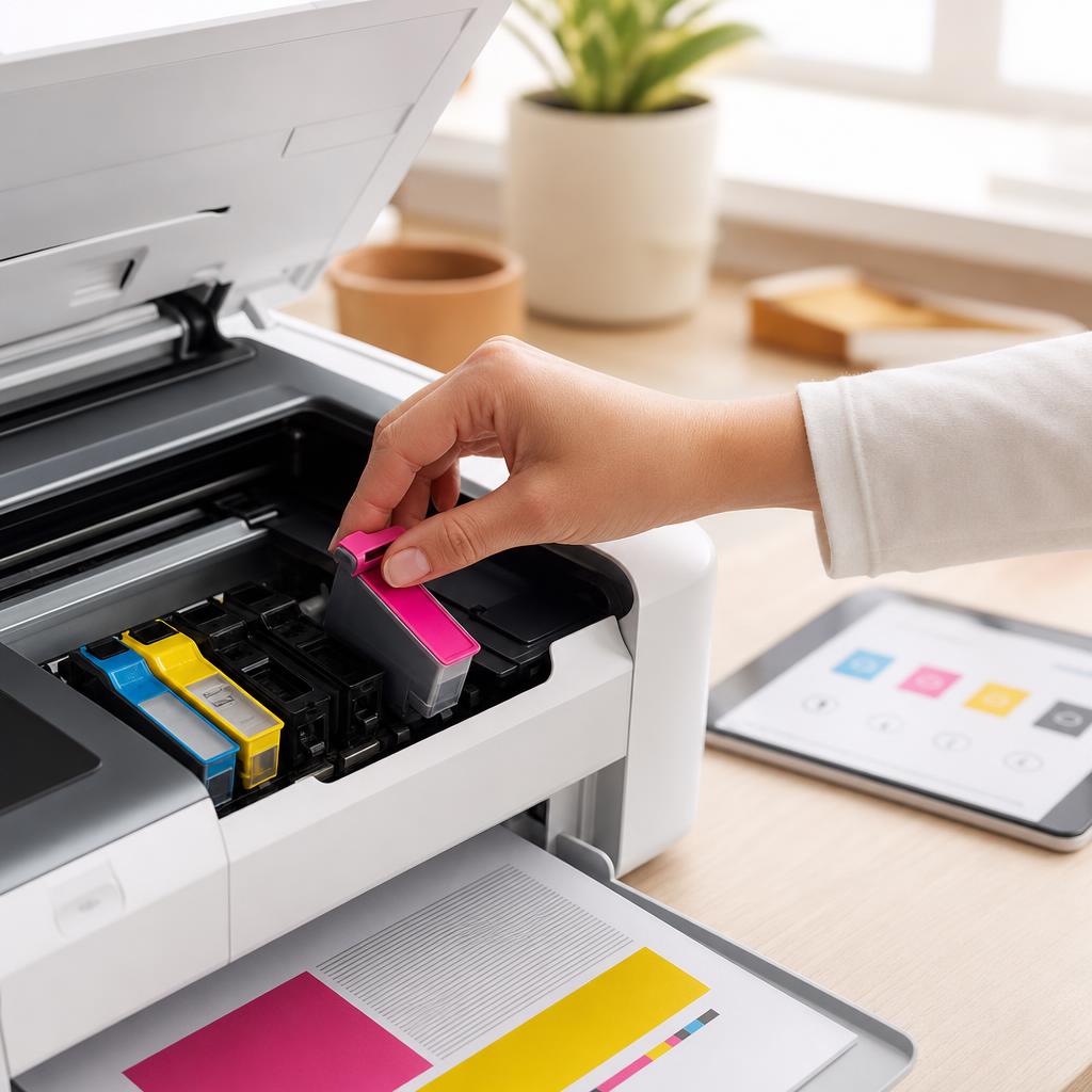 A hand lowering a new cyan ink cartridge into the carriage of an open inkjet printer, other colour cartridges already seated