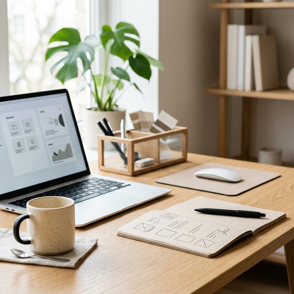 A notepad with checkboxes beside a laptop and a cup of coffee, showing someone researching a printer purchase