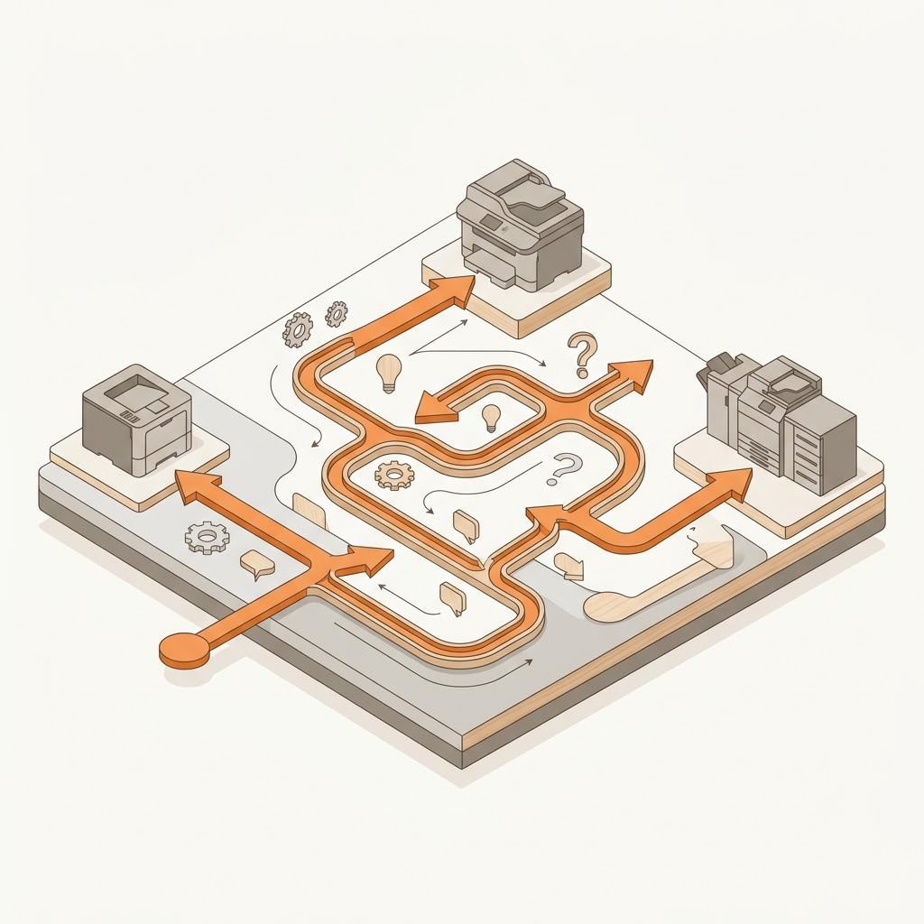 A wordless flowchart-style diagram of a winding decision path with branching arrows leading to three different printer silhouettes