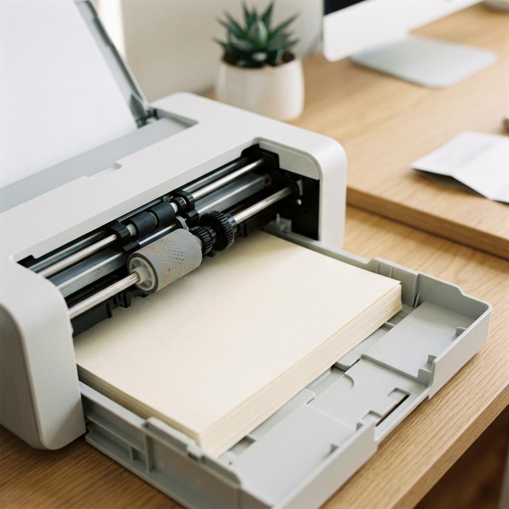Close-up of a printer's grey rubber feed rollers above a neat, squared stack of white paper in an open tray