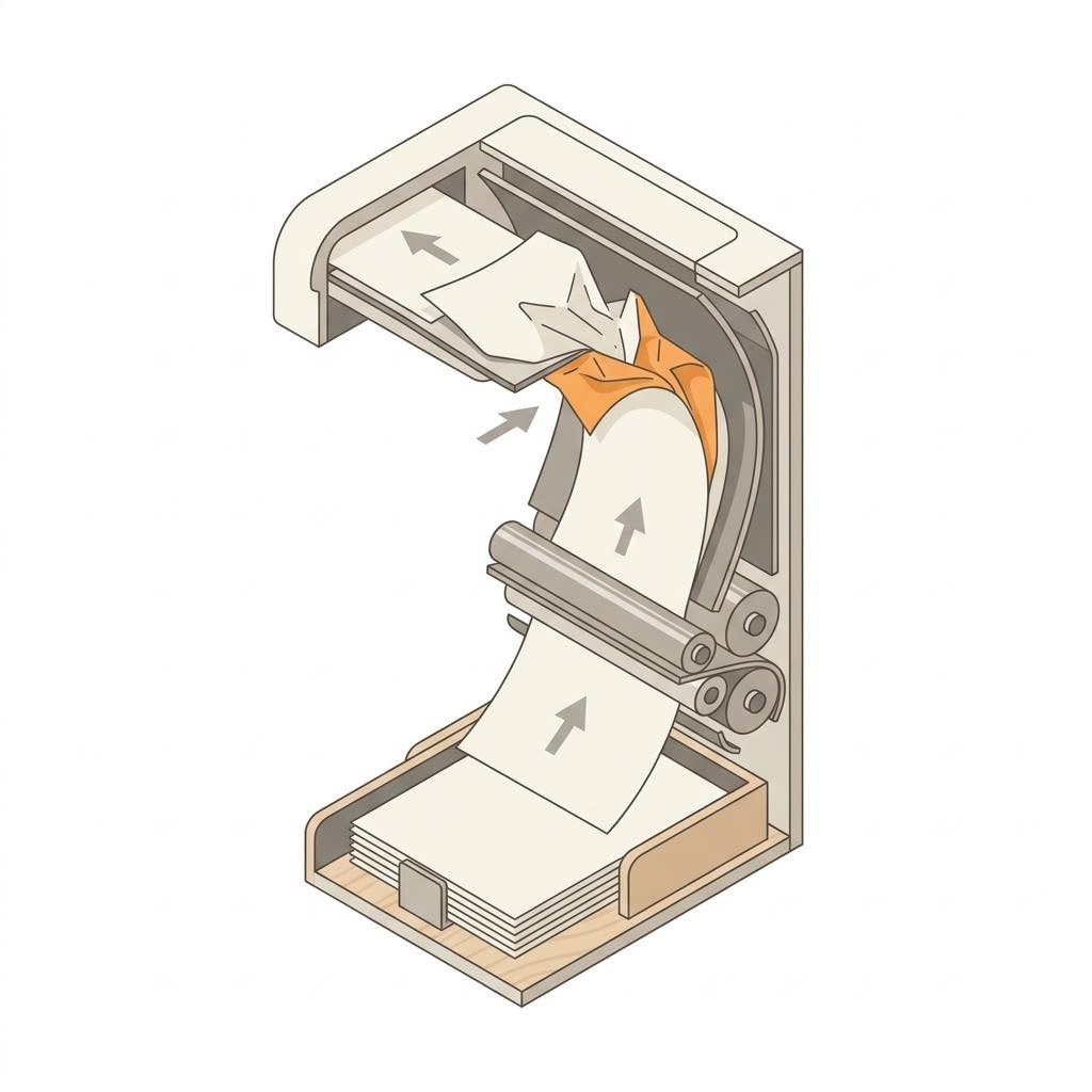 A wordless cross-section diagram of a printer paper path with rollers, a paper tray, and a sheet crumpling at a curve where the jam point is highlighted in orange