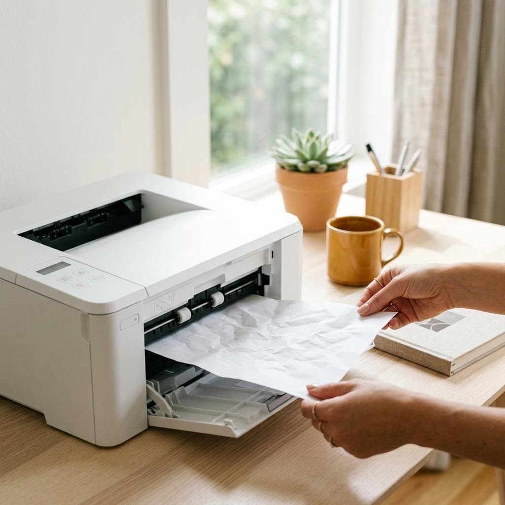 A crumpled sheet of paper caught between the feed rollers of an open office printer during a paper jam