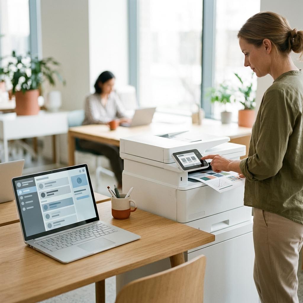 An office worker standing at a shared printer while a laptop on the desk shows an abstract print-queue interface