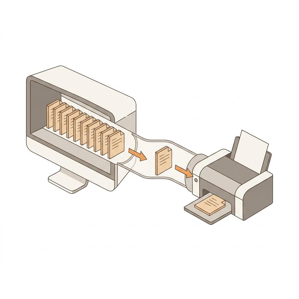 Diagram of several document icons queued in a line inside a computer, then flowing one at a time through a pipe to a printer