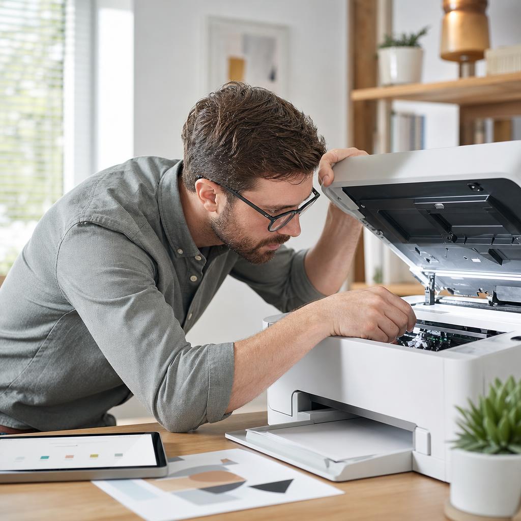 Hands checking inside an open white printer with a torch, looking at the paper path and a seated cartridge