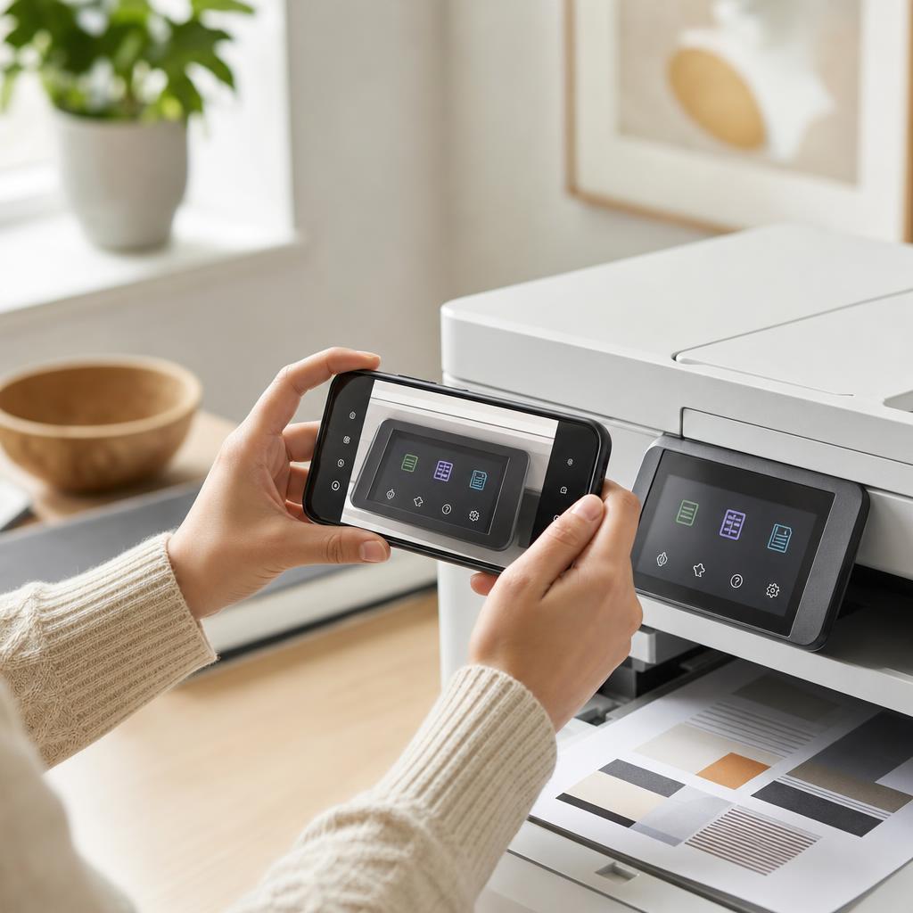 A hand photographing a printer’s control-panel error code with a smartphone, a notepad with the model number beside it