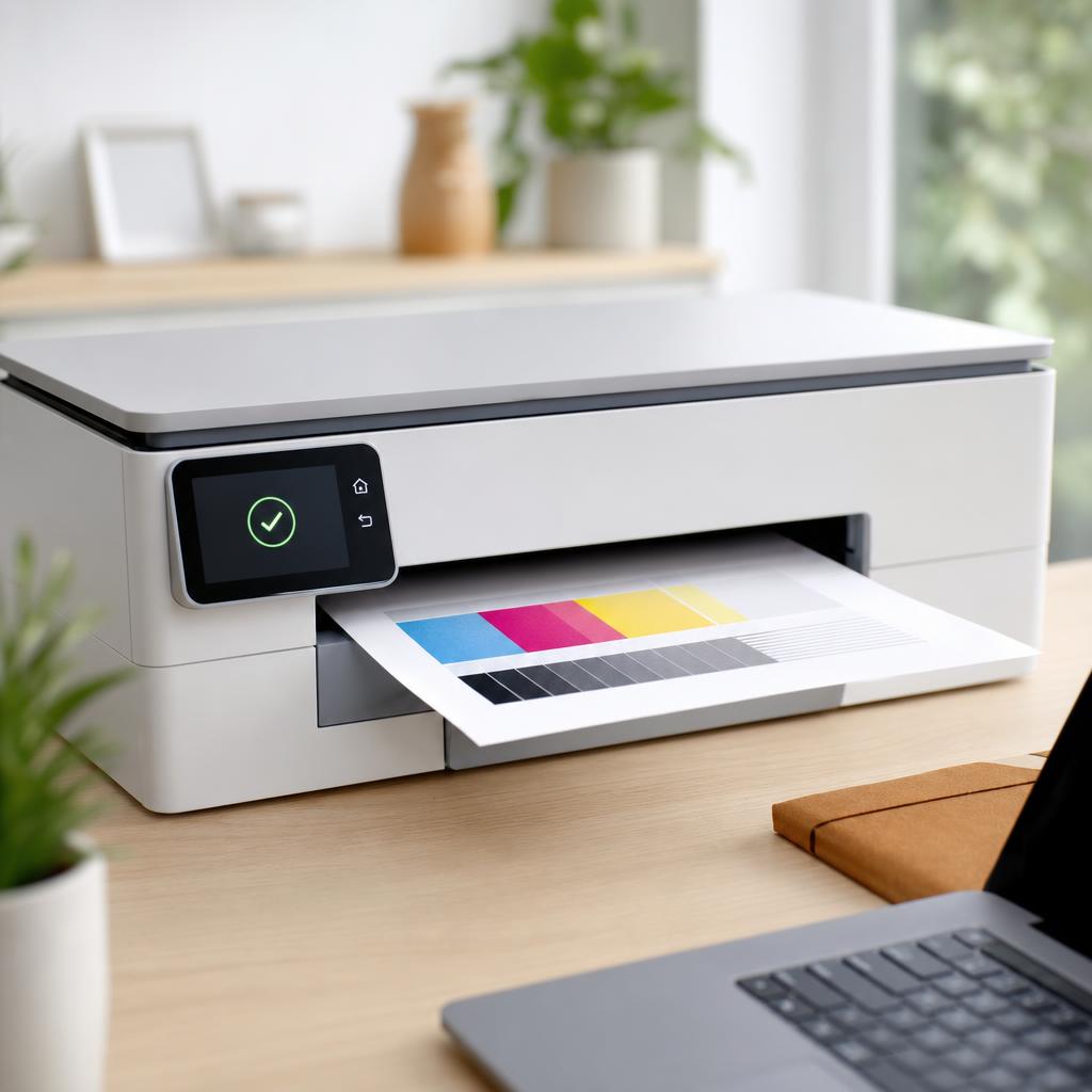 A white printer feeding out a freshly printed test page with a clear home screen, a laptop showing a print dialog beside it