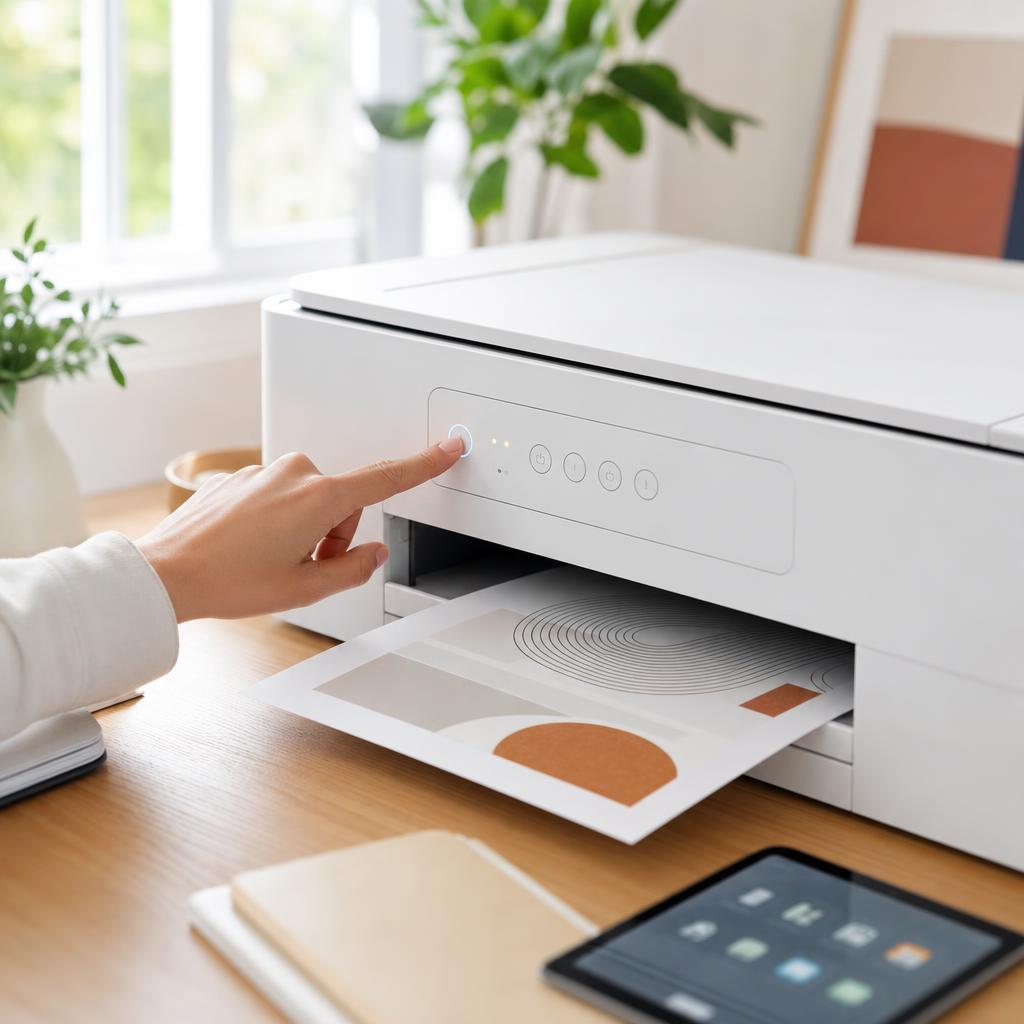 A hand unplugging a white printer’s power cable from a wall socket, the printer powered down on a desk