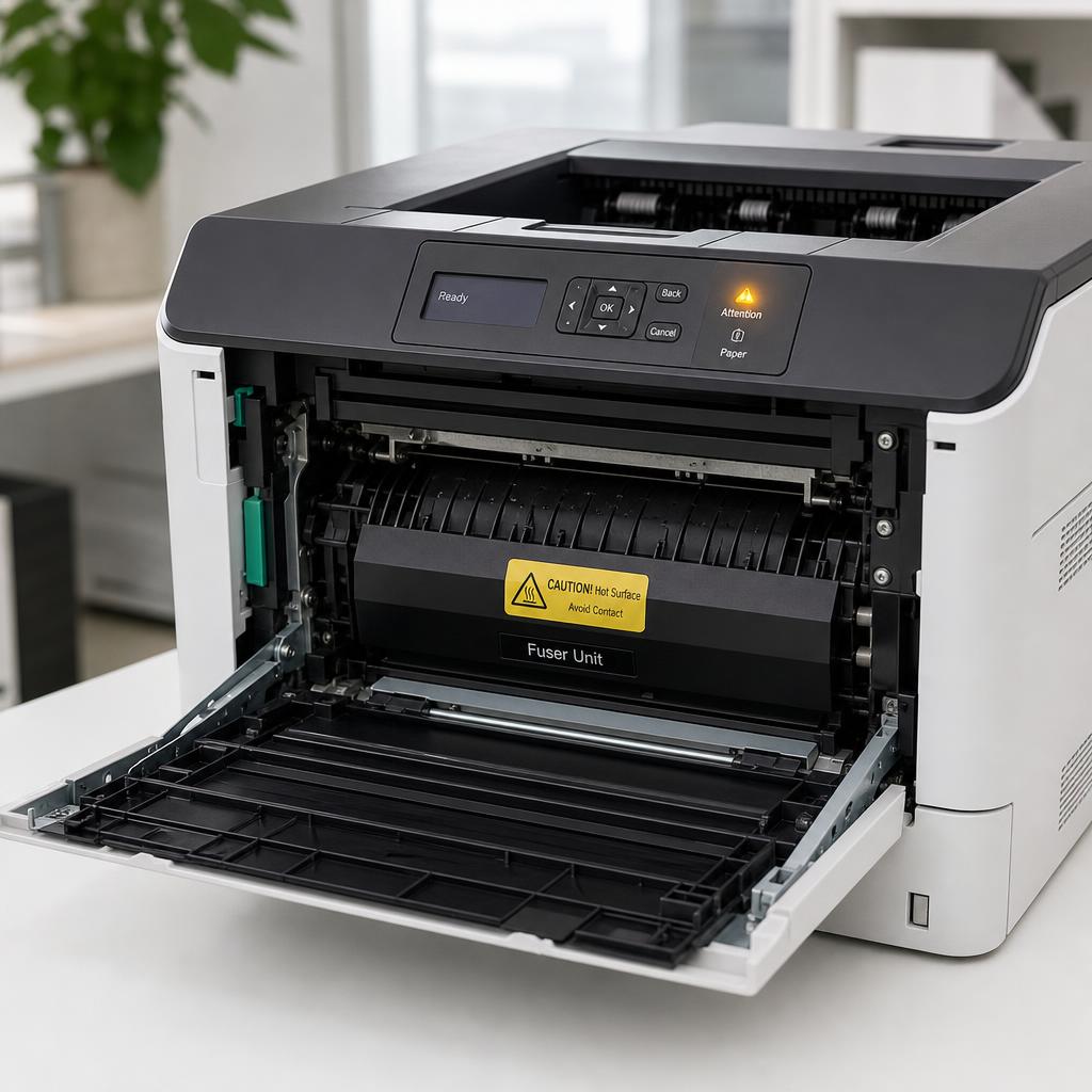 Laser printer with amber warning light on control panel and rear access door open