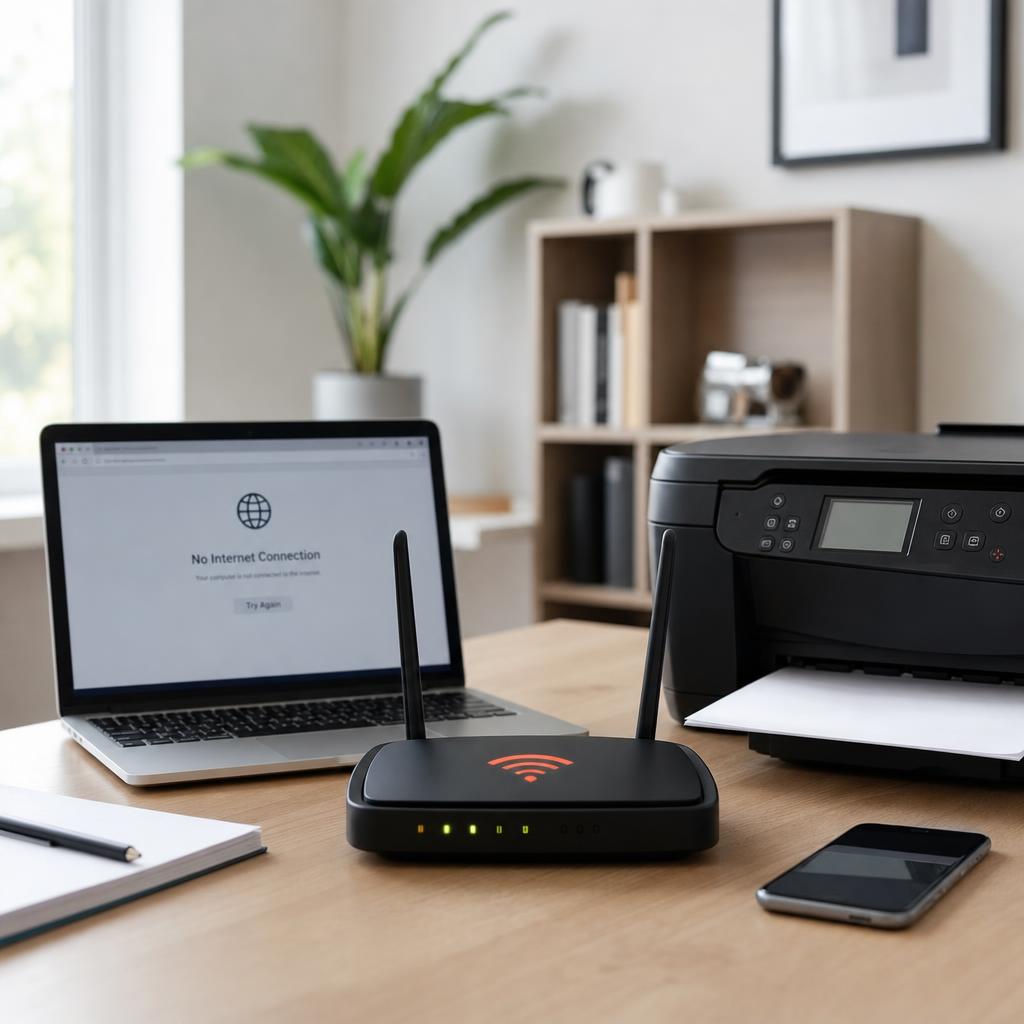 Wireless router with indicator lights alongside a printer and laptop on a desk with a network connection issue