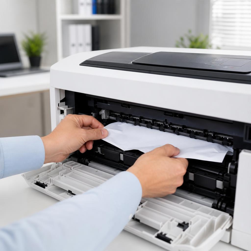 Hands carefully pulling jammed paper from inside an open printer