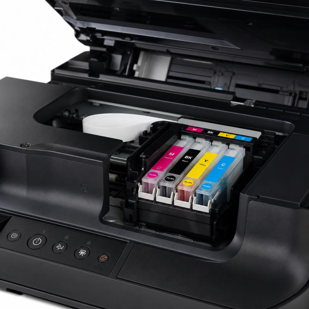 Inkjet printer with top cover open showing the printhead carriage and installed ink cartridges