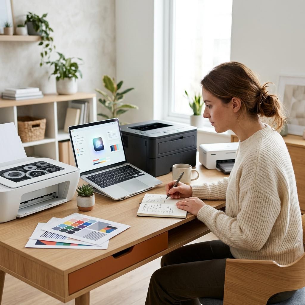 A printer control panel displaying an alphanumeric error code beside a laptop showing a printer status window