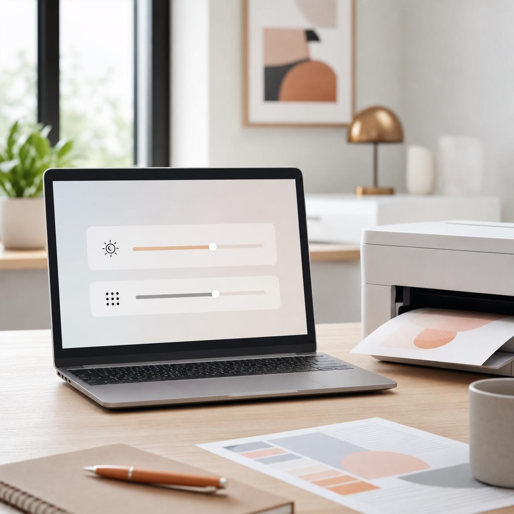 A laptop screen showing a printer preferences dialog with print-quality and density options, beside a white printer