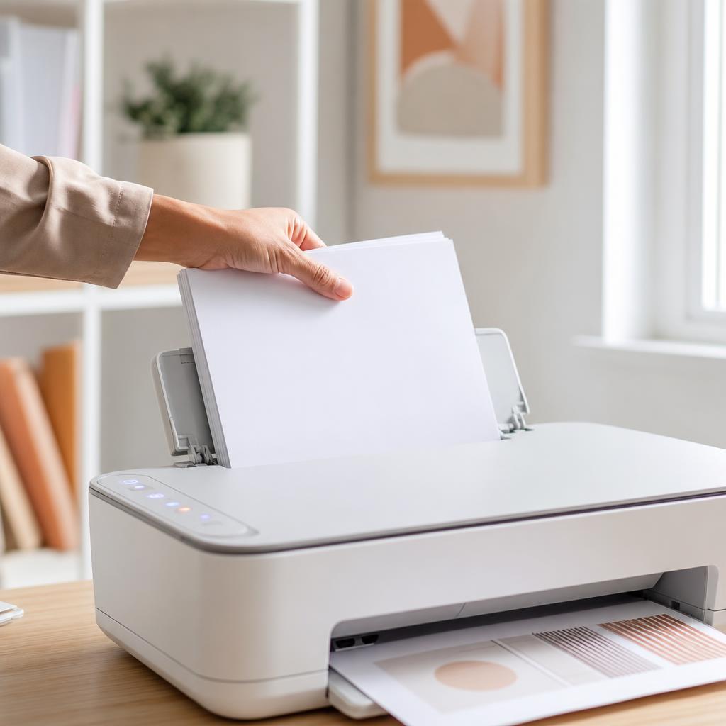 Hands loading a fresh, neat stack of white paper into the tray of a white printer on a bright desk