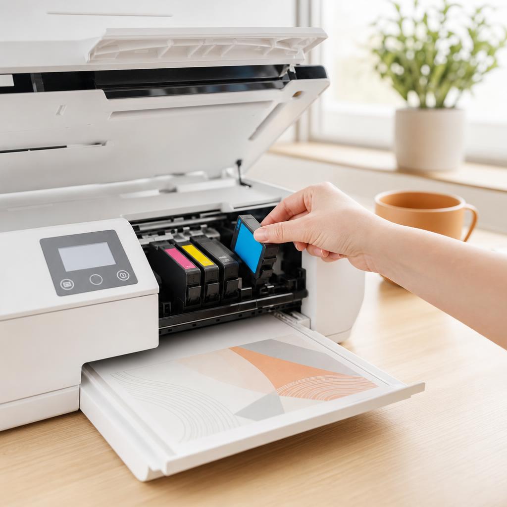 A hand lowering a new inkjet ink cartridge into the carriage of an open white printer on a bright desk