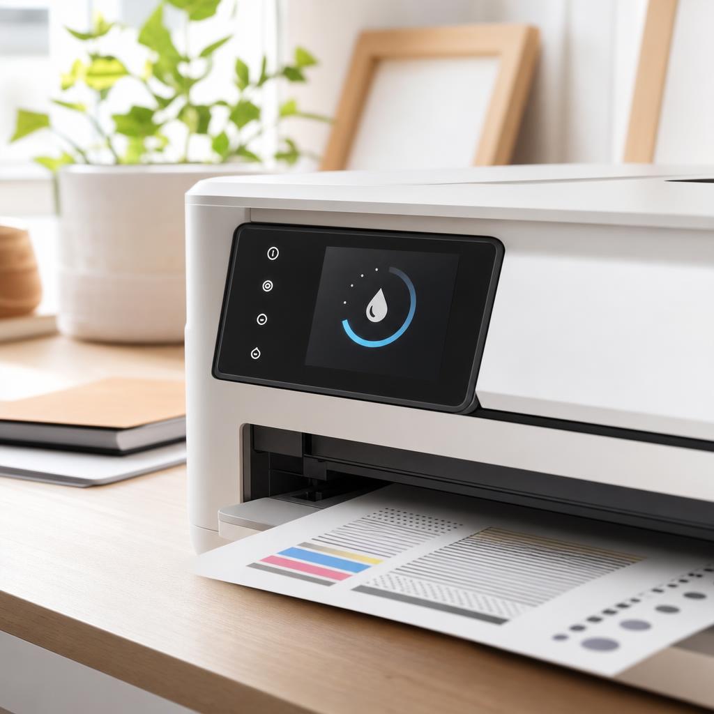 A white inkjet printer running a maintenance cycle, its control-panel screen showing a simple droplet cleaning icon