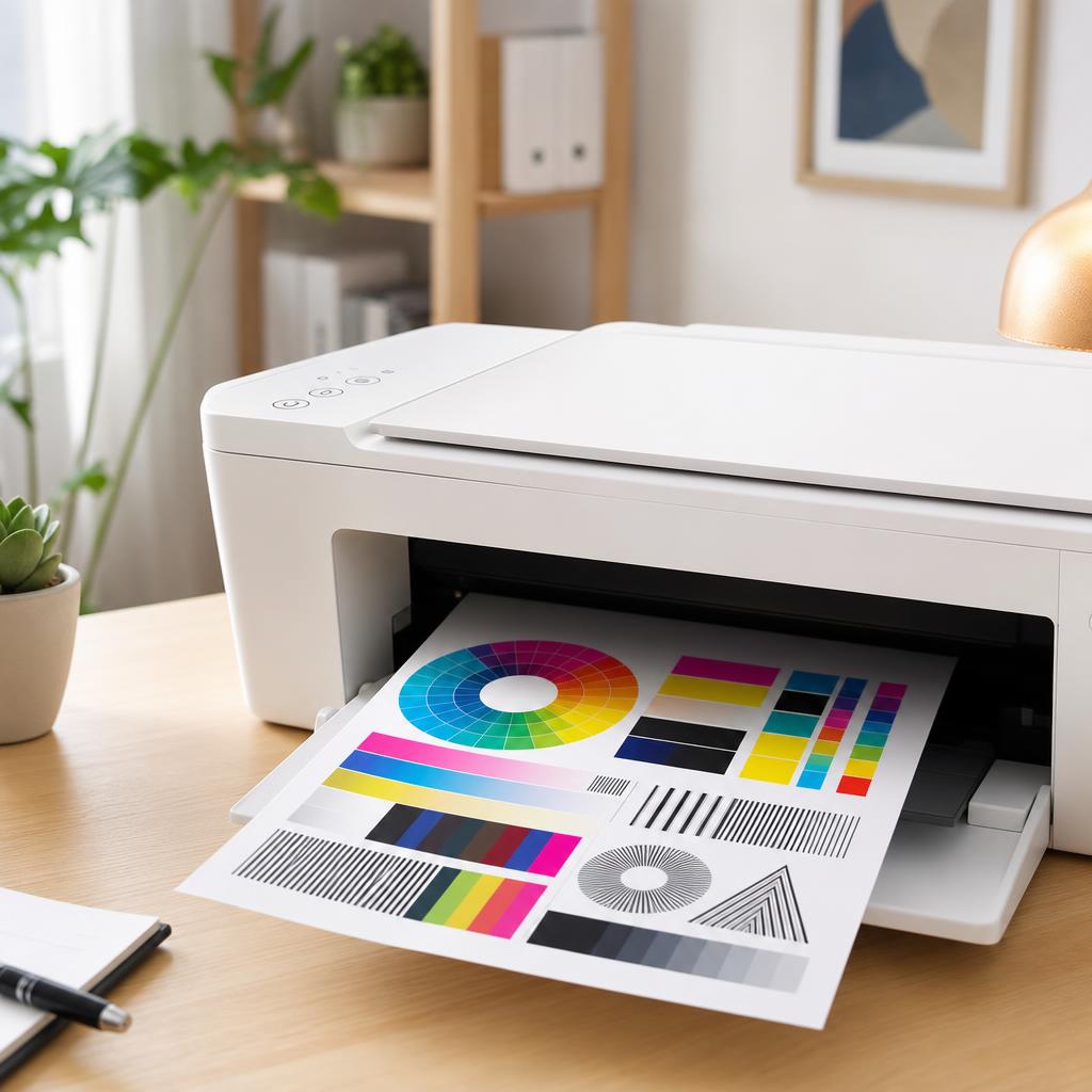 A white printer feeding out a crisp, dark test page with rich colour bars and sharp black text patterns