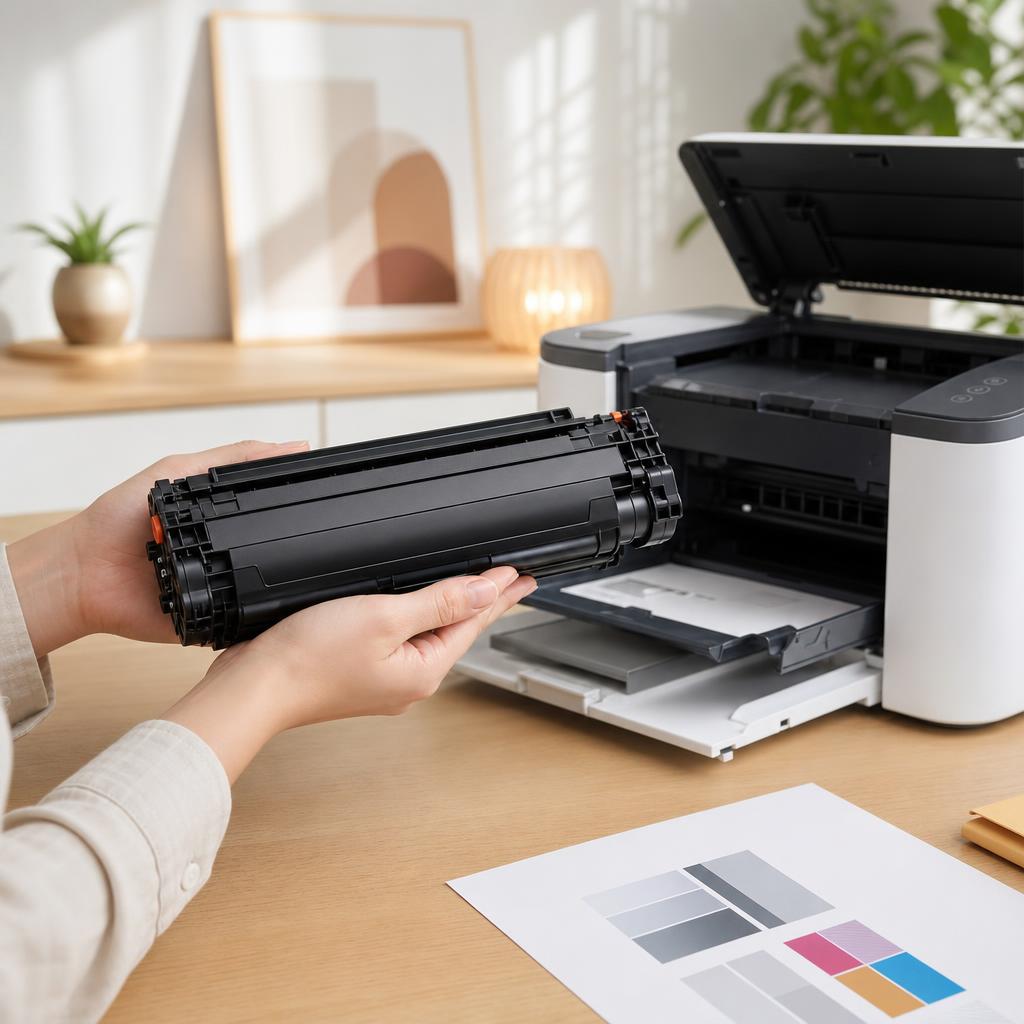 Two hands holding a black laser toner cartridge level and gently rocking it side to side beside an open laser printer