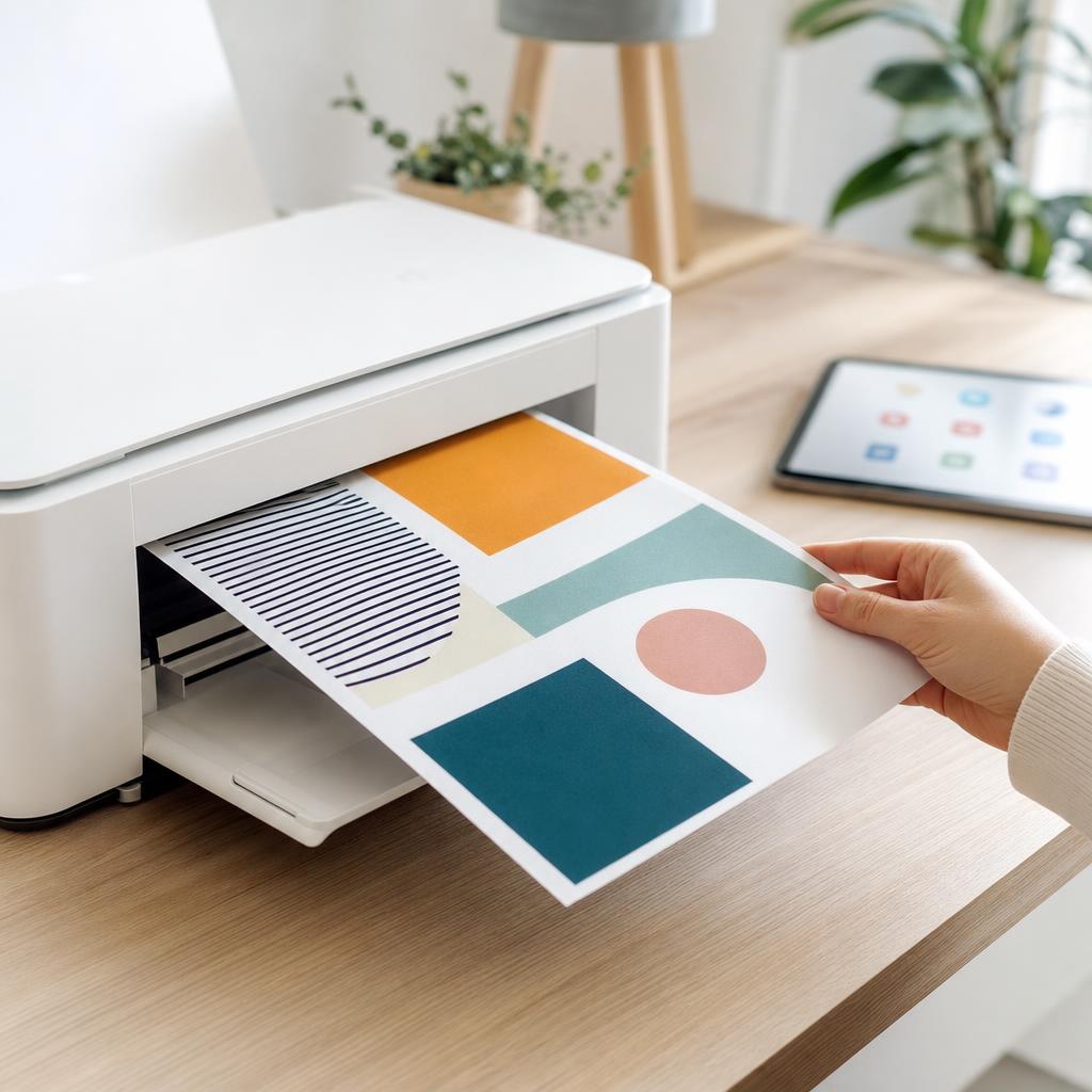 A freshly printed colour photo resting in a white printer’s output tray, an iPhone beside it