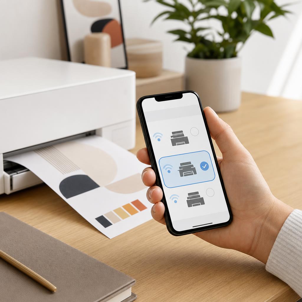 An iPhone printer selection screen listing a discovered AirPrint printer ready to be tapped