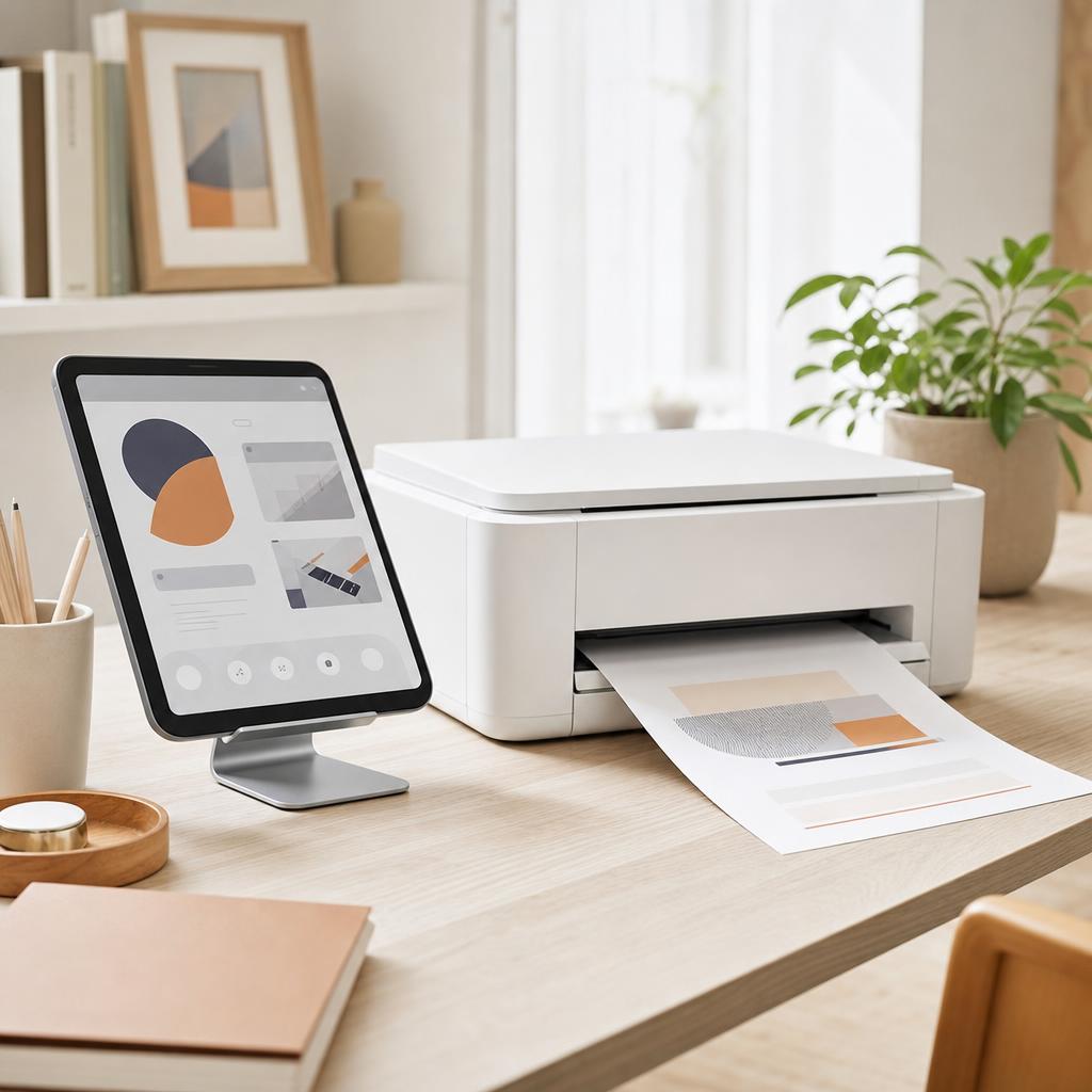 An iPad displaying the AirPrint print panel with a printer selected, resting on a desk beside a white Wi-Fi printer