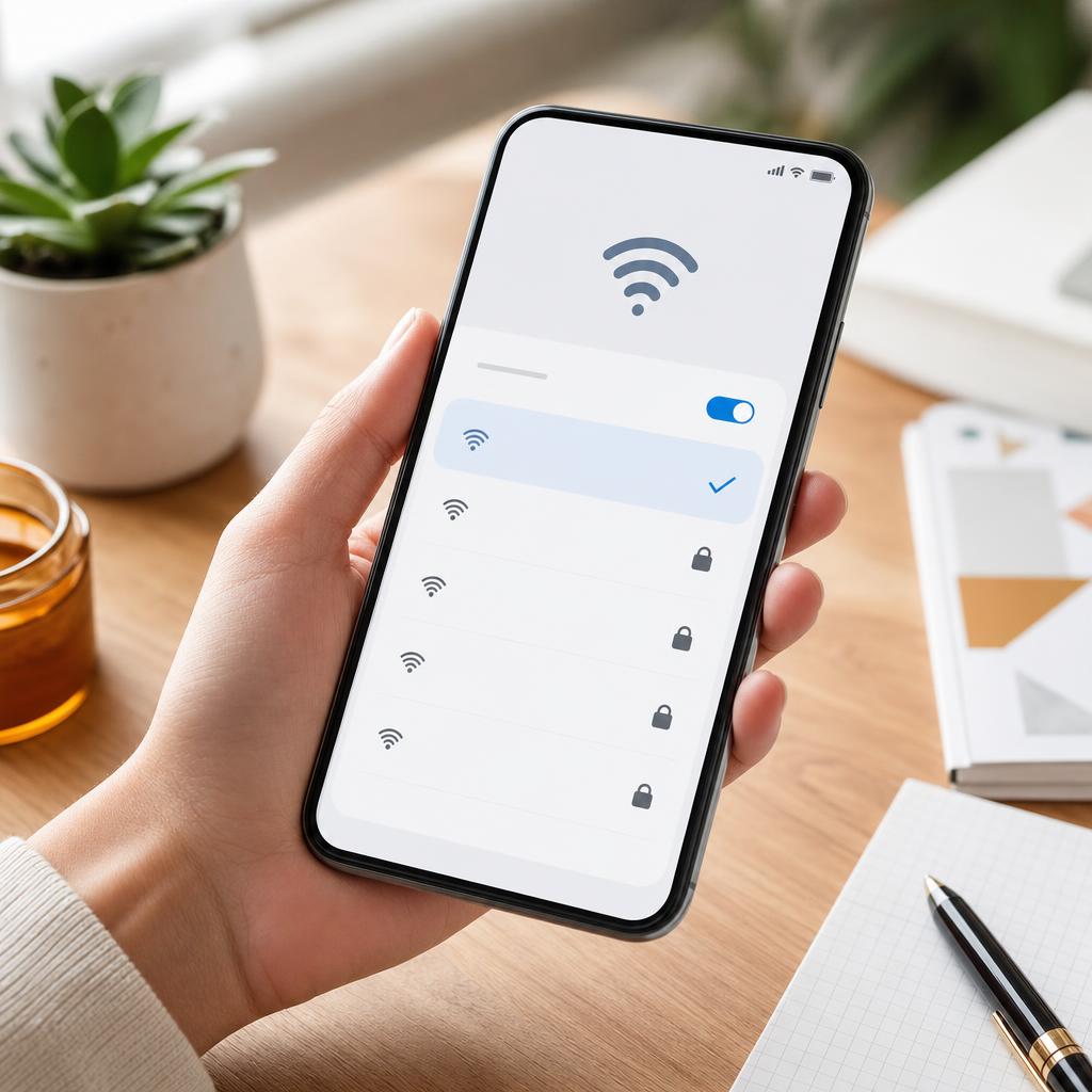 An iPhone Settings screen showing the Wi-Fi list with a home network ticked as connected