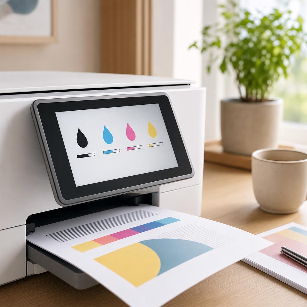 A printer control-panel screen displaying four coloured ink level bars under an Ink Levels heading