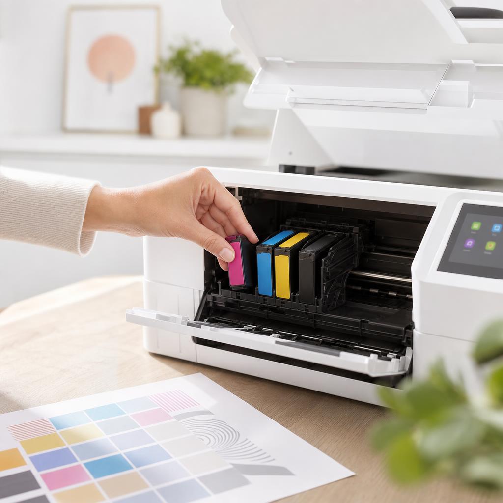 A hand lowering a new colour ink cartridge into its slot in an open inkjet printer on a desk