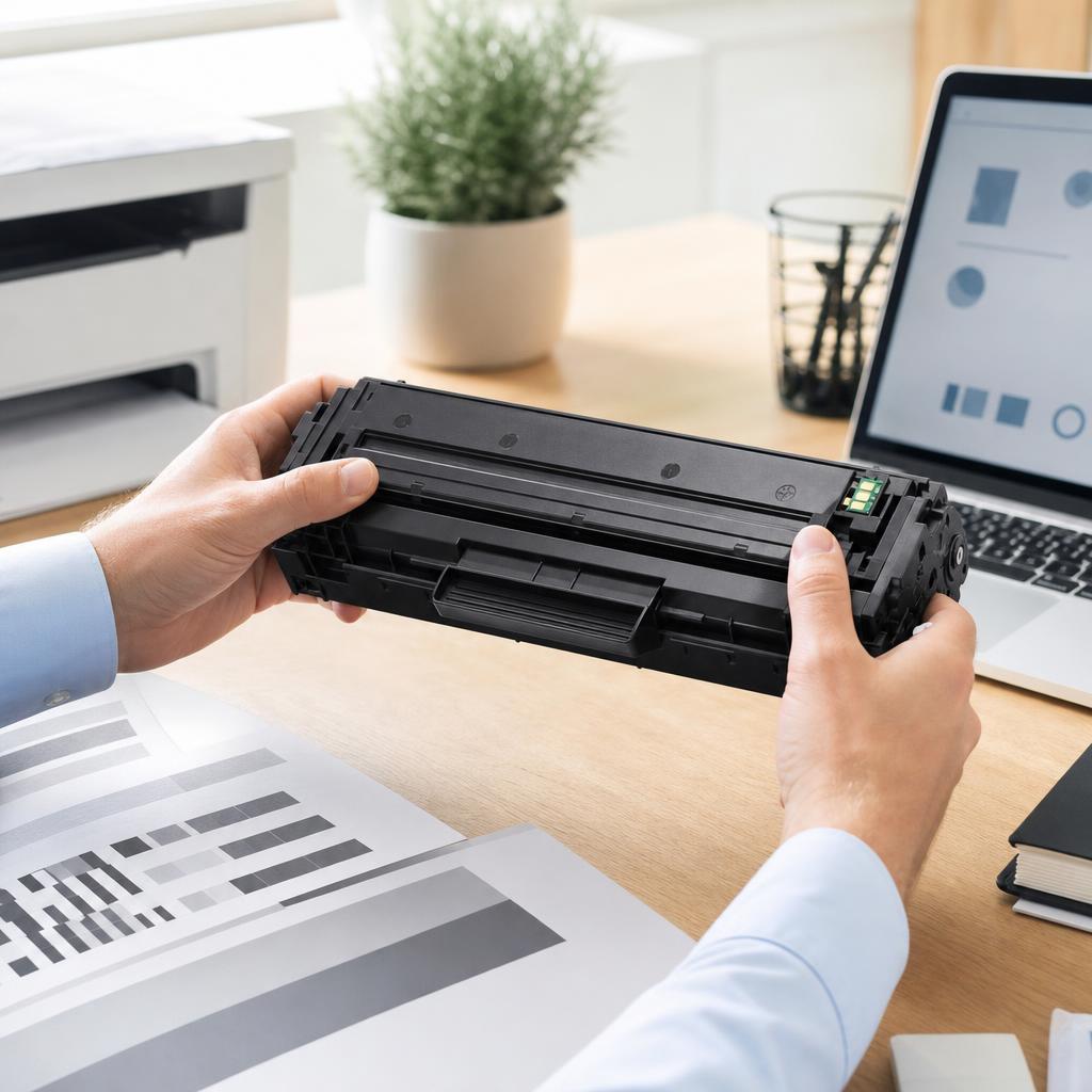 Hands gently rocking a black laser toner cartridge from side to side over a desk, printer cover open behind